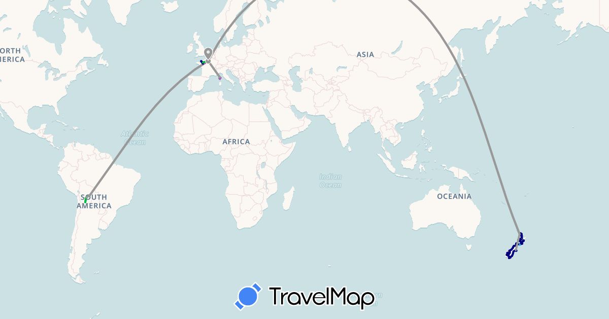 TravelMap itinerary: driving, bus, plane, cycling, train, hiking, boat, kayak in Bolivia, France, New Zealand (Europe, Oceania, South America)
